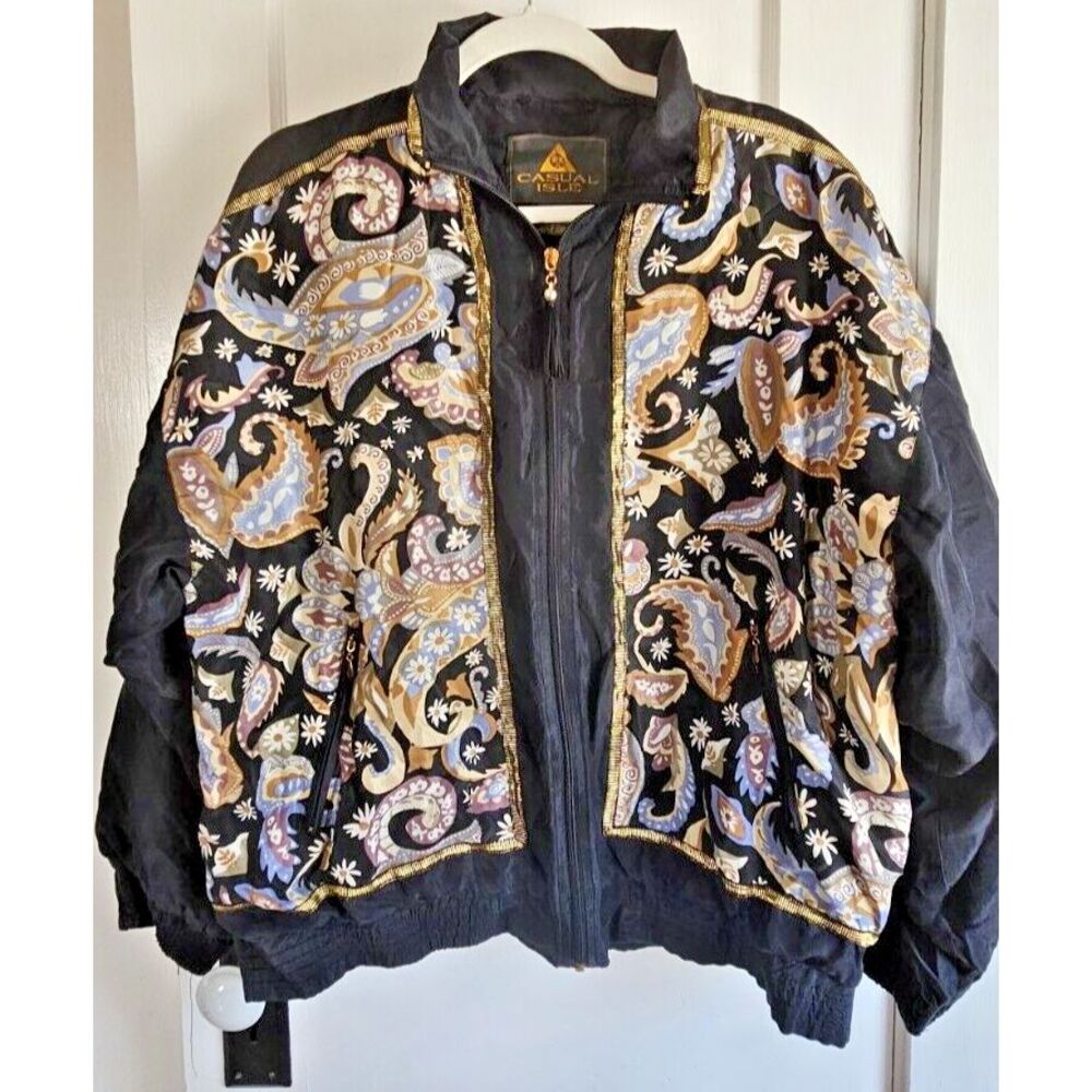 Casual Isle full zip Paisley leaves metallic trims jacket 100% Silk woman Sz L